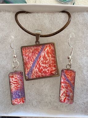 Hand Crafted Red and Purple Abstract Glass Pendant & Earrings Set